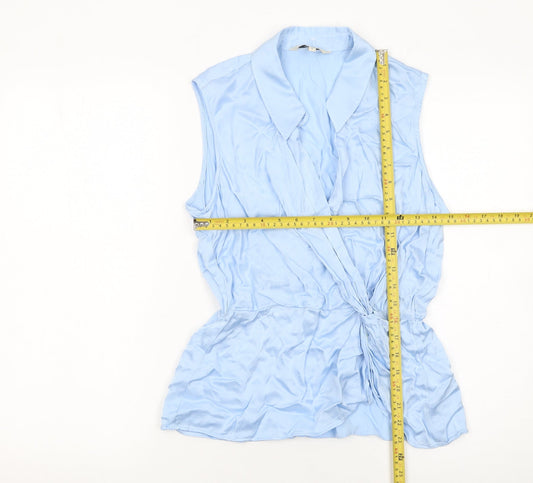 Next Women Blue Viscose Wrap Blouse Size 10 Sleeveless Collared Top
