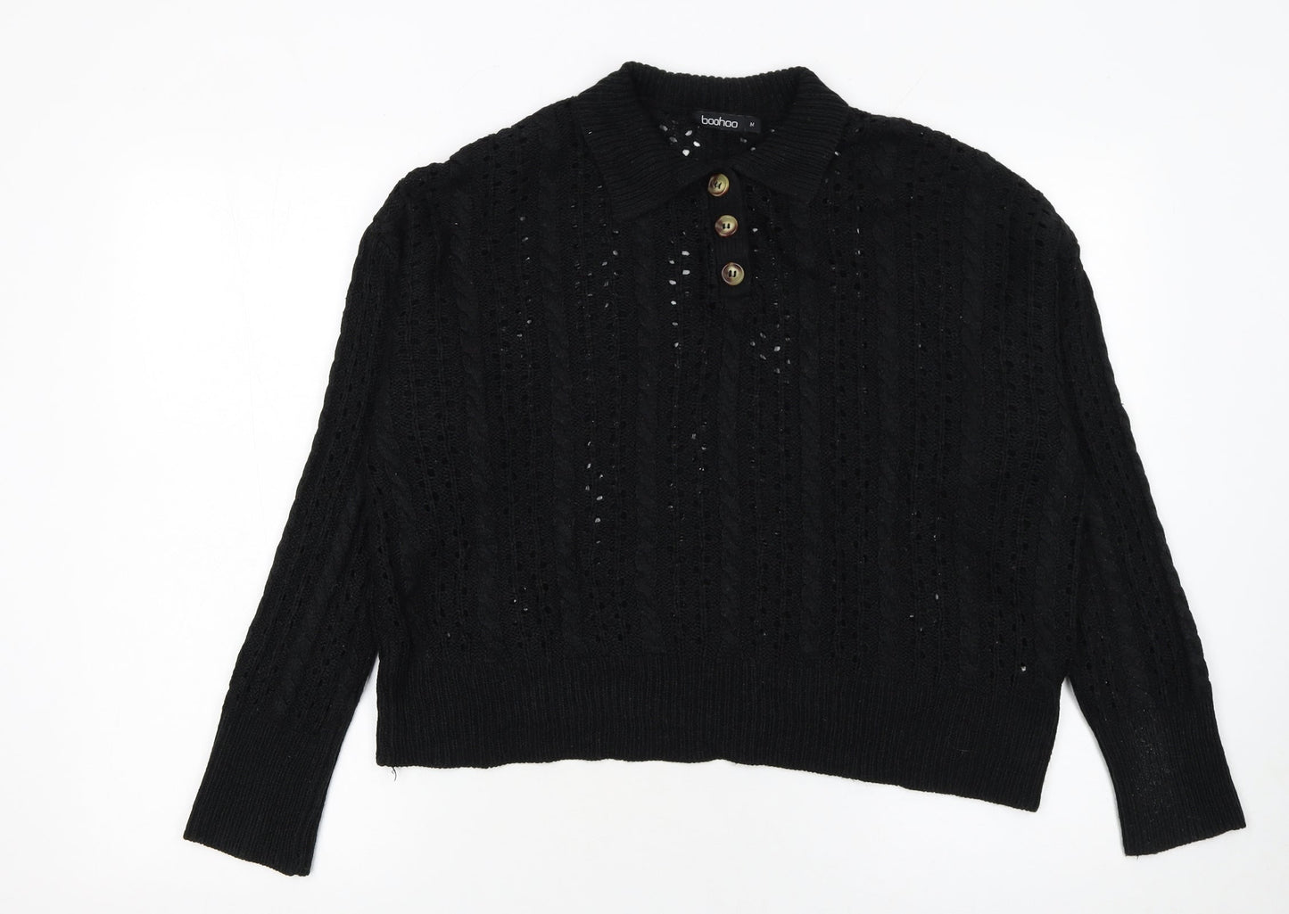 Womens UK Size M Boohoo Black Henley Jumper