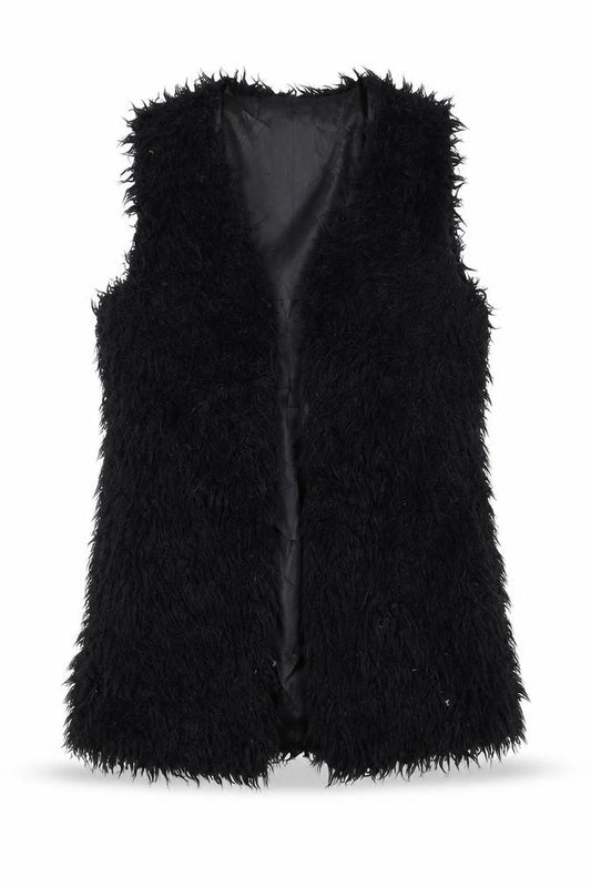 Front view of ICHI Women's Black Faux Fur Sleeveless Waistcoat XS