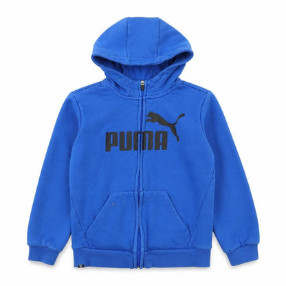 Front view of Puma boys’ blue full zip hoodie 6-7 years fleece lined hooded sweatshirt