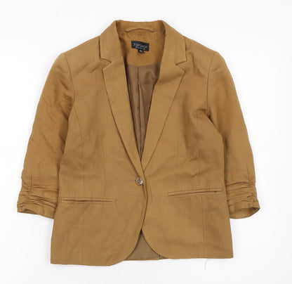 Topshop Women Brown Linen Blend 3/4 Sleeve Blazer UK 8
