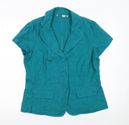 Per Se Women Green Linen Blend Short Sleeve Blazer Size 12