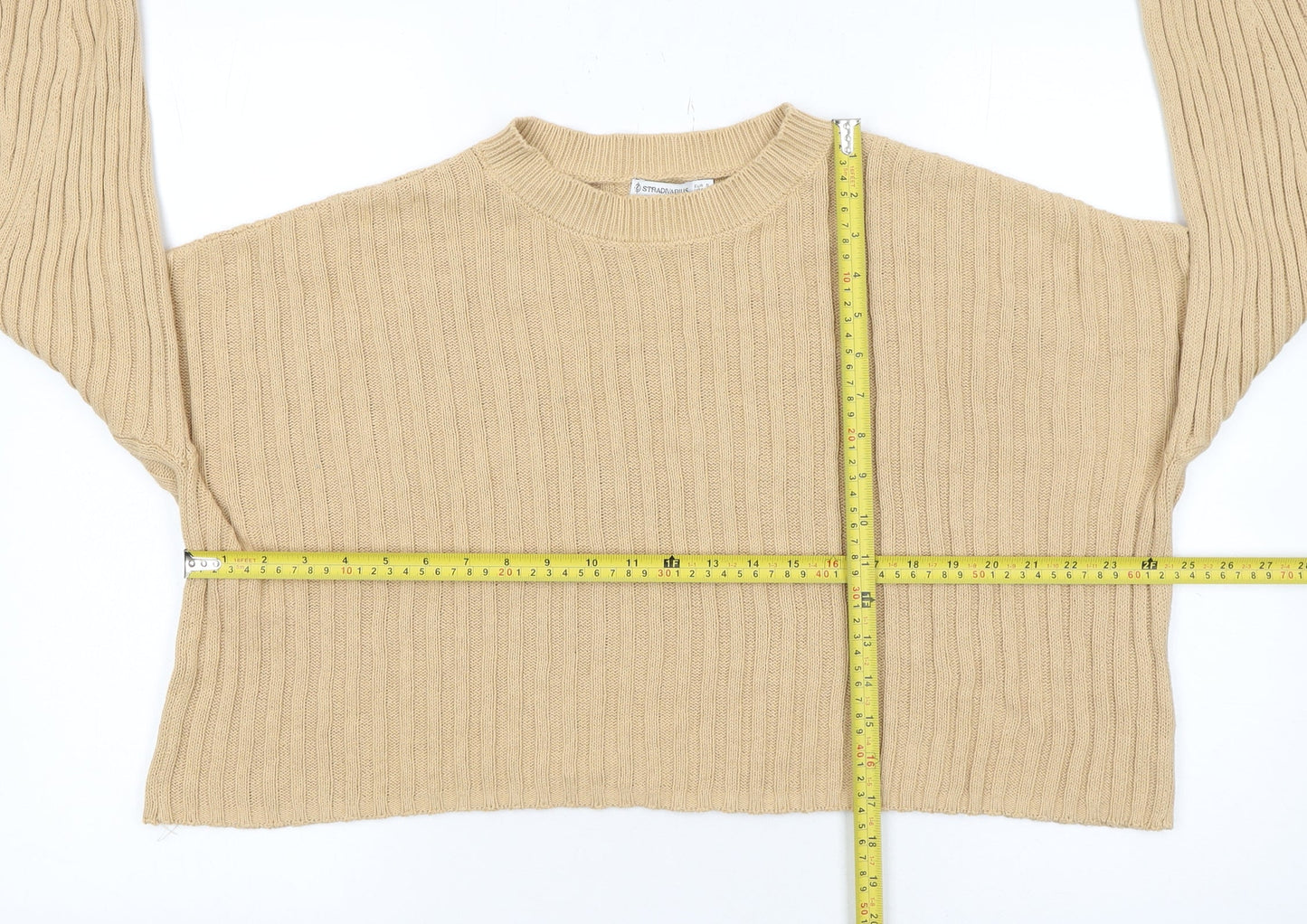 Stradivarius Women Beige Rib Knit Crew Neck Cotton Jumper Size S