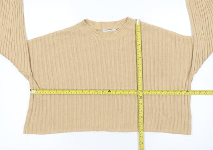 Stradivarius Women Beige Rib Knit Crew Neck Cotton Jumper Size S