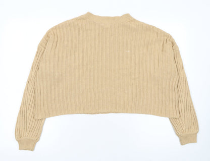 Stradivarius Women Beige Rib Knit Crew Neck Cotton Jumper Size S