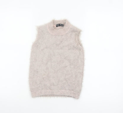 Select Women's Beige Fluffy Sleeveless Mock Neck Knit Vest Jumper Size 8