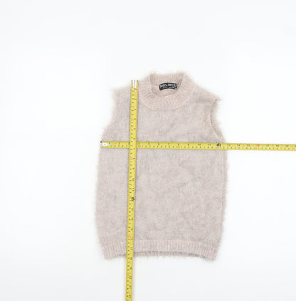 Select Women's Beige Fluffy Sleeveless Mock Neck Knit Vest Jumper Size 8
