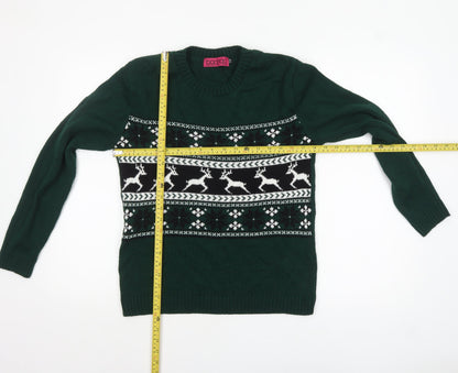 Boohoo Womens Green Christmas Reindeer Crew Neck Jumper Size S