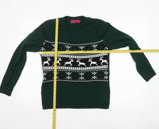Boohoo Womens Green Christmas Reindeer Crew Neck Jumper Size S