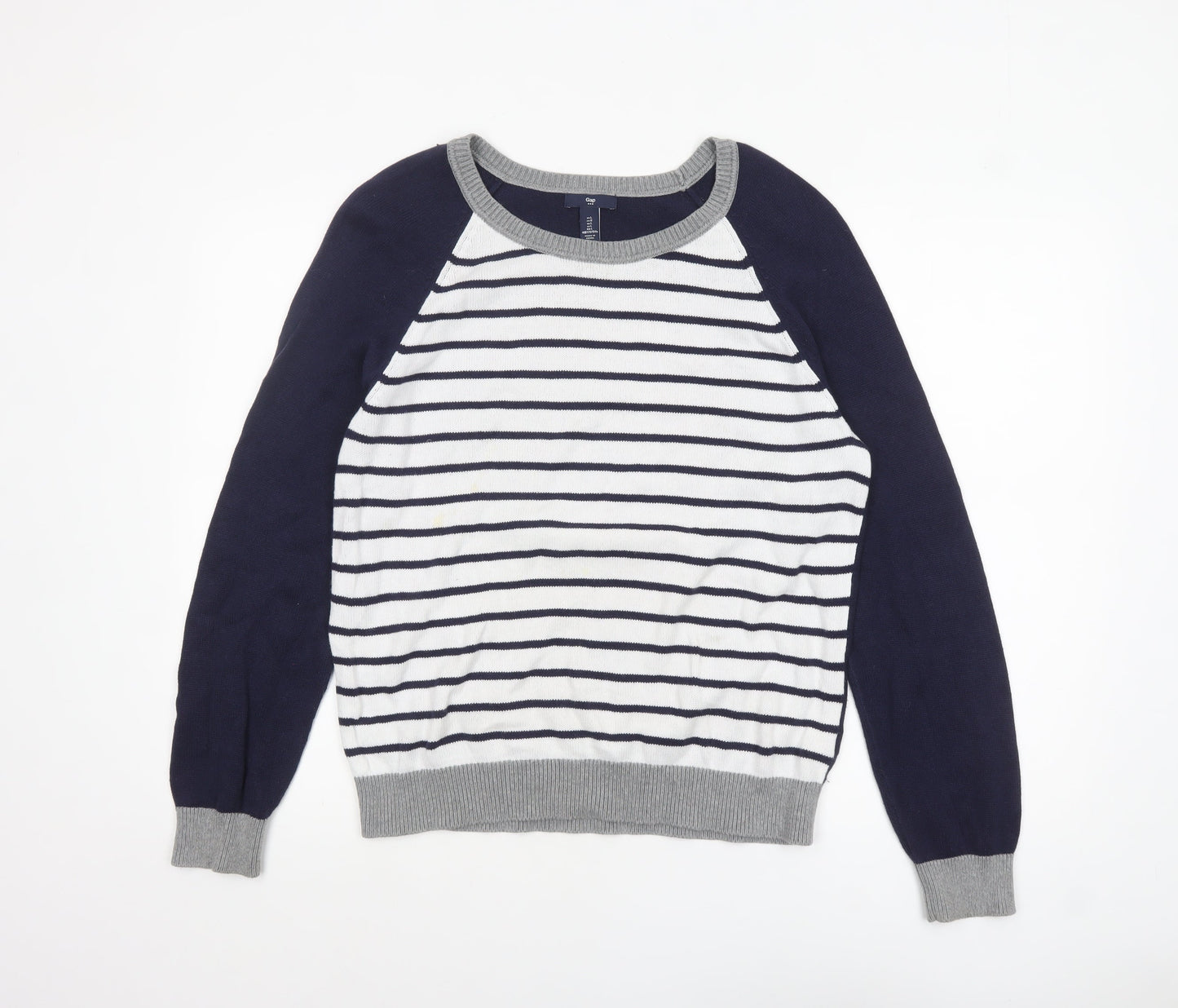 Gap Women's Blue Striped Crew Neck Cotton Jumper Size L