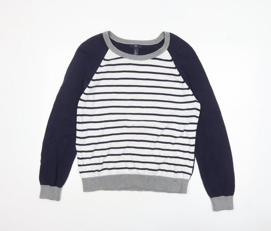 Gap Women's Blue Striped Crew Neck Cotton Jumper Size L