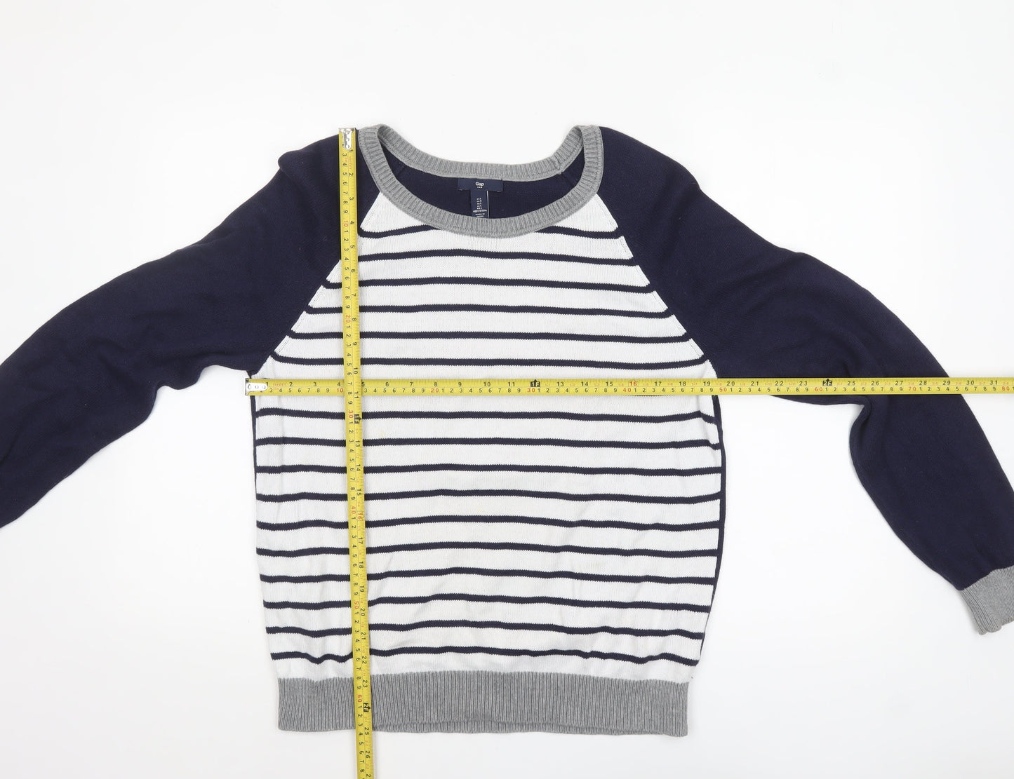 Gap Women's Blue Striped Crew Neck Cotton Jumper Size L