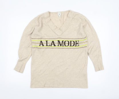 River Island Women Beige V-Neck 'A La Mode' Knit Jumper Size S