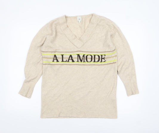 River Island Women Beige V-Neck 'A La Mode' Knit Jumper Size S