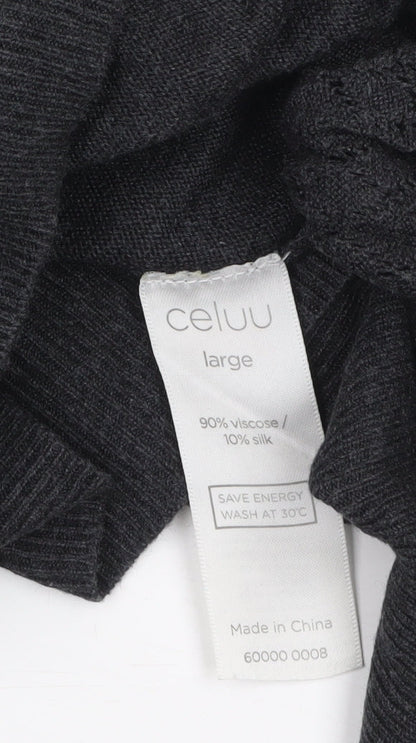 Celuu Womens Black Tunic Jumper Large 3/4 Sleeve Crew Neck Knit