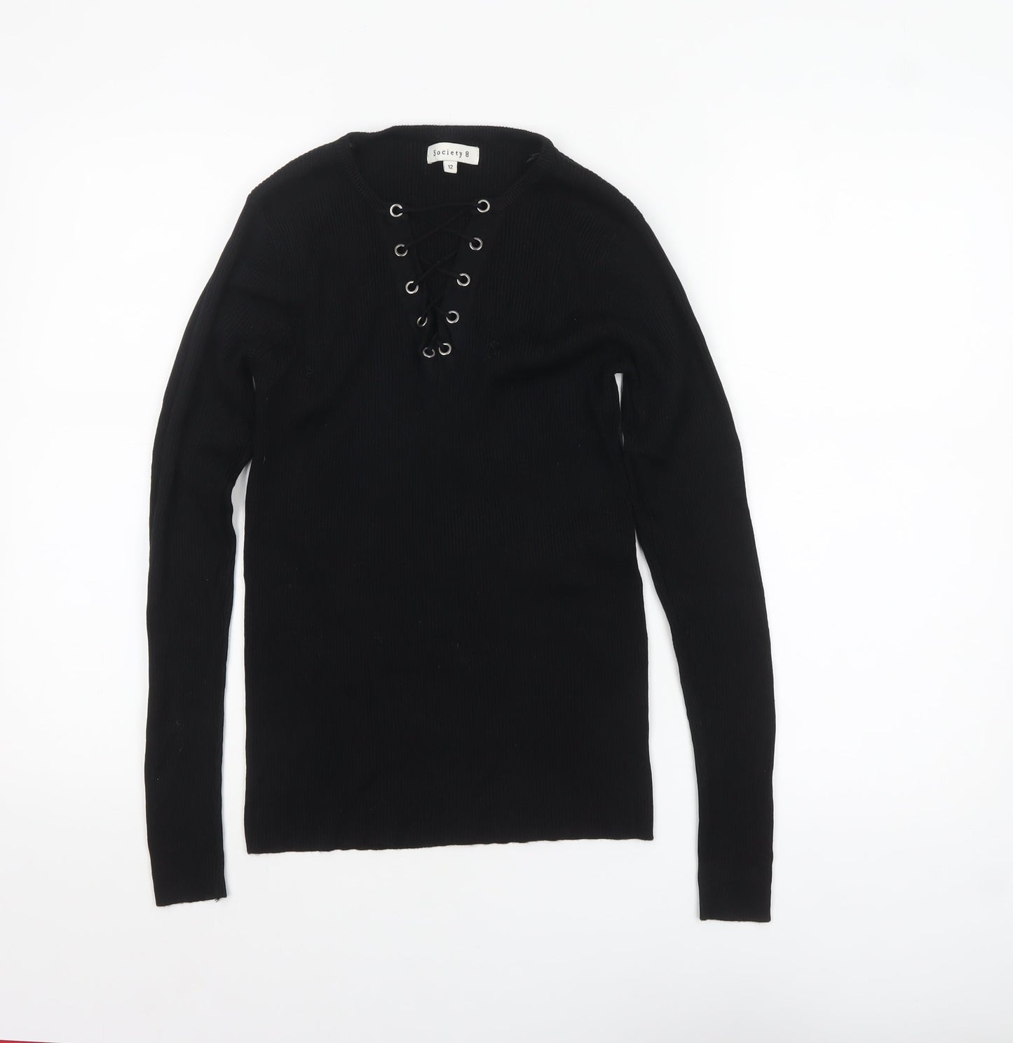 Society 8 Womens Black V-Neck Lace Up Knit Jumper Size 12