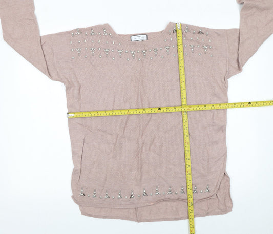 Next Women Pink Beaded Crew Neck Long Sleeve Pullover Jumper Size 12