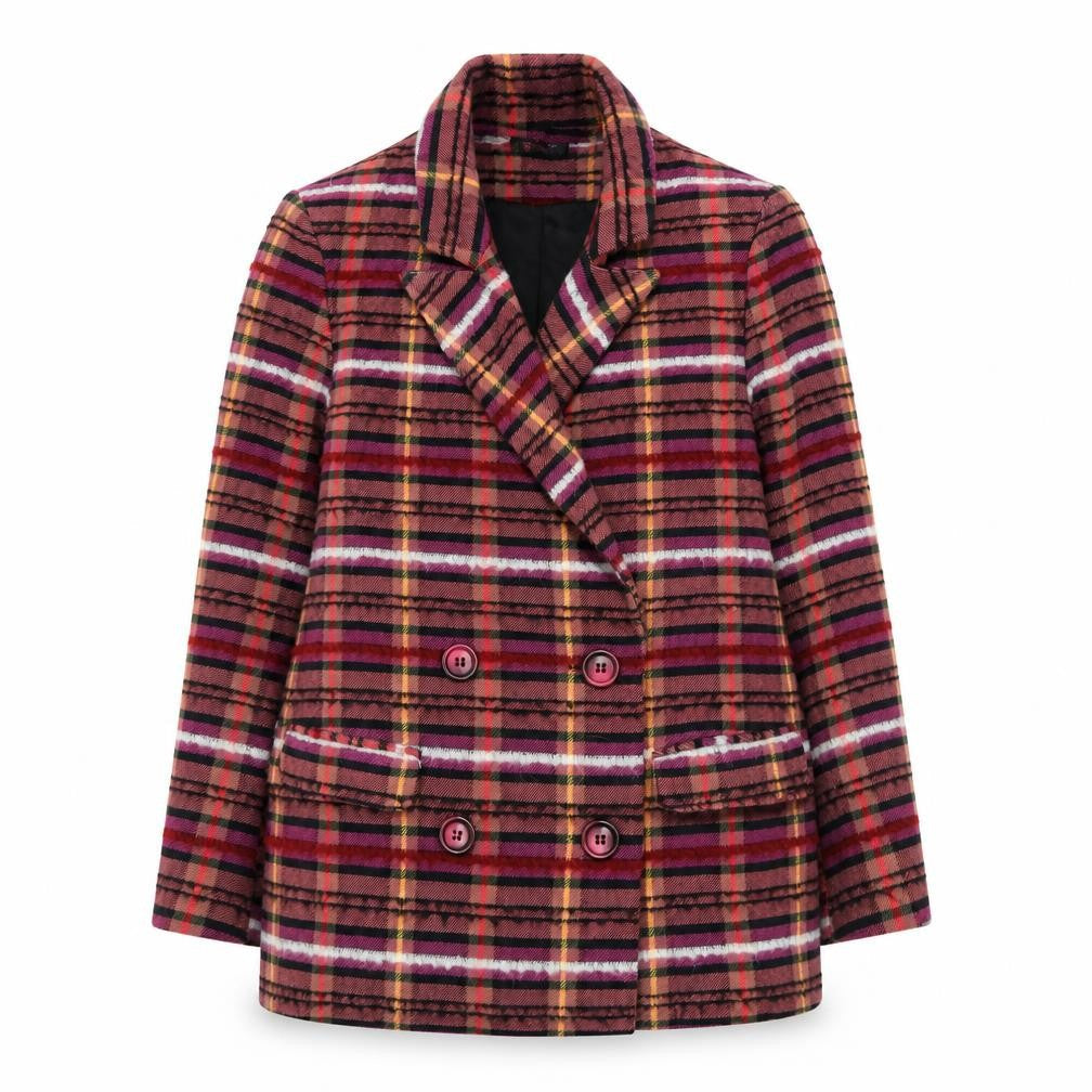 Topshop Women Red Check Double-Breasted Blazer UK 8 Wool Blend