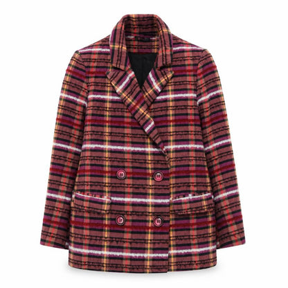 Topshop Women Red Check Double-Breasted Blazer UK 8 Wool Blend
