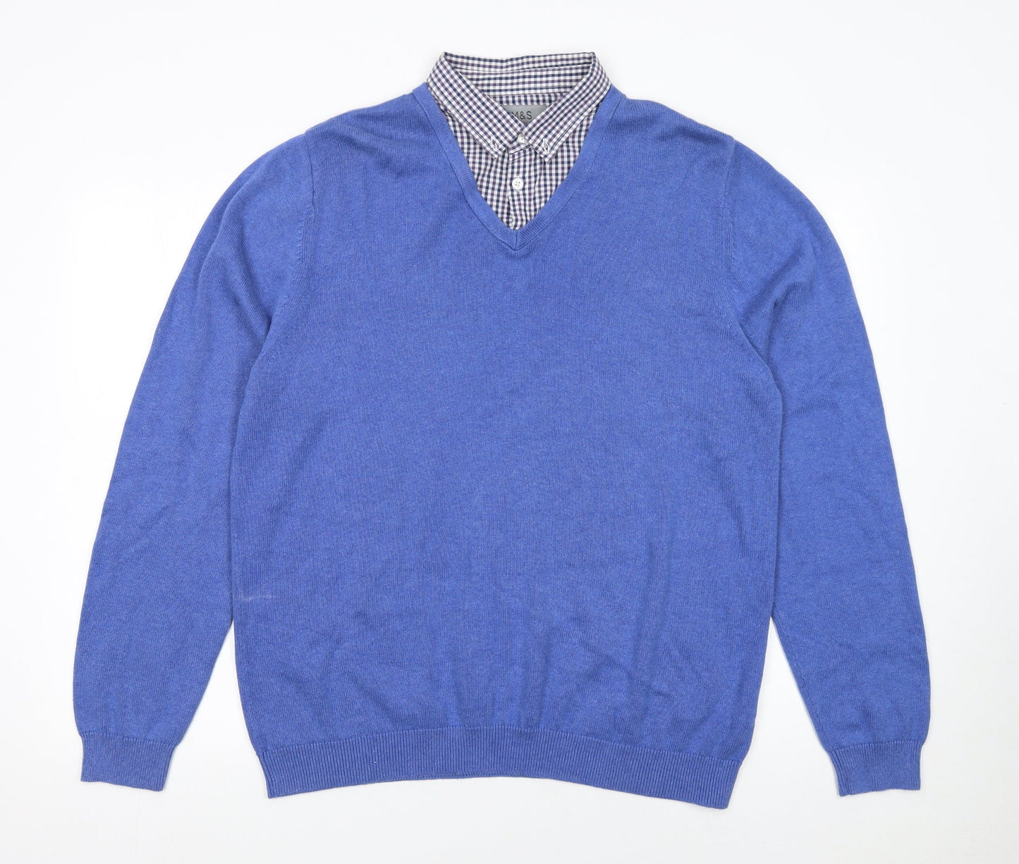 Marks and Spencer Men's Blue Cotton V-Neck Jumper XL
