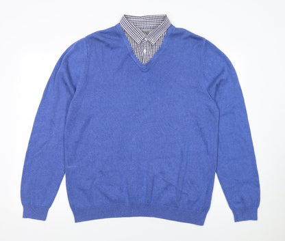 Marks and Spencer Men's Blue Cotton V-Neck Jumper XL