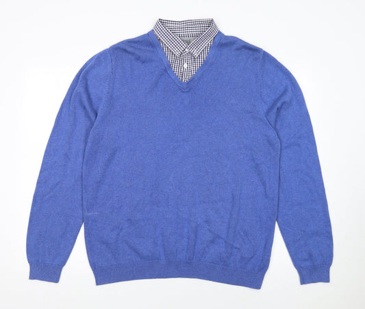 Marks and Spencer Men's Blue Cotton V-Neck Jumper XL