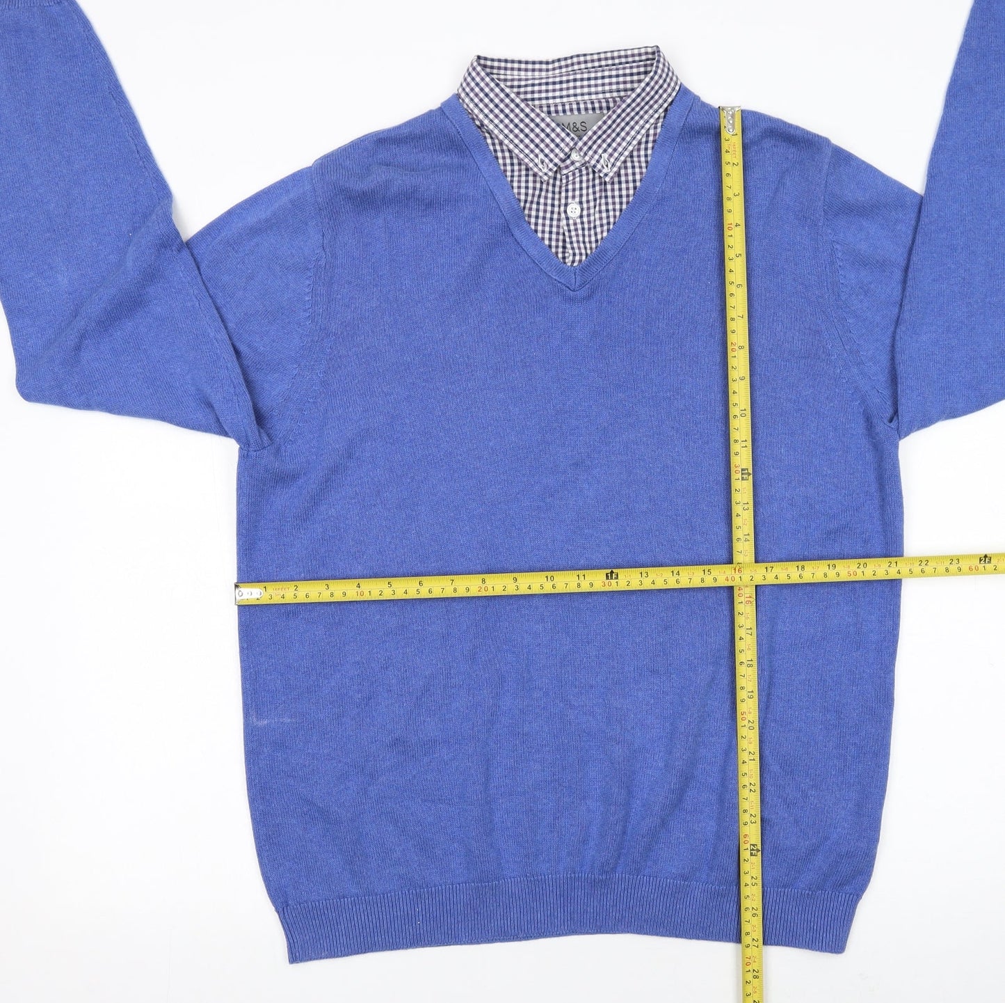 Marks and Spencer Men's Blue Cotton V-Neck Jumper XL