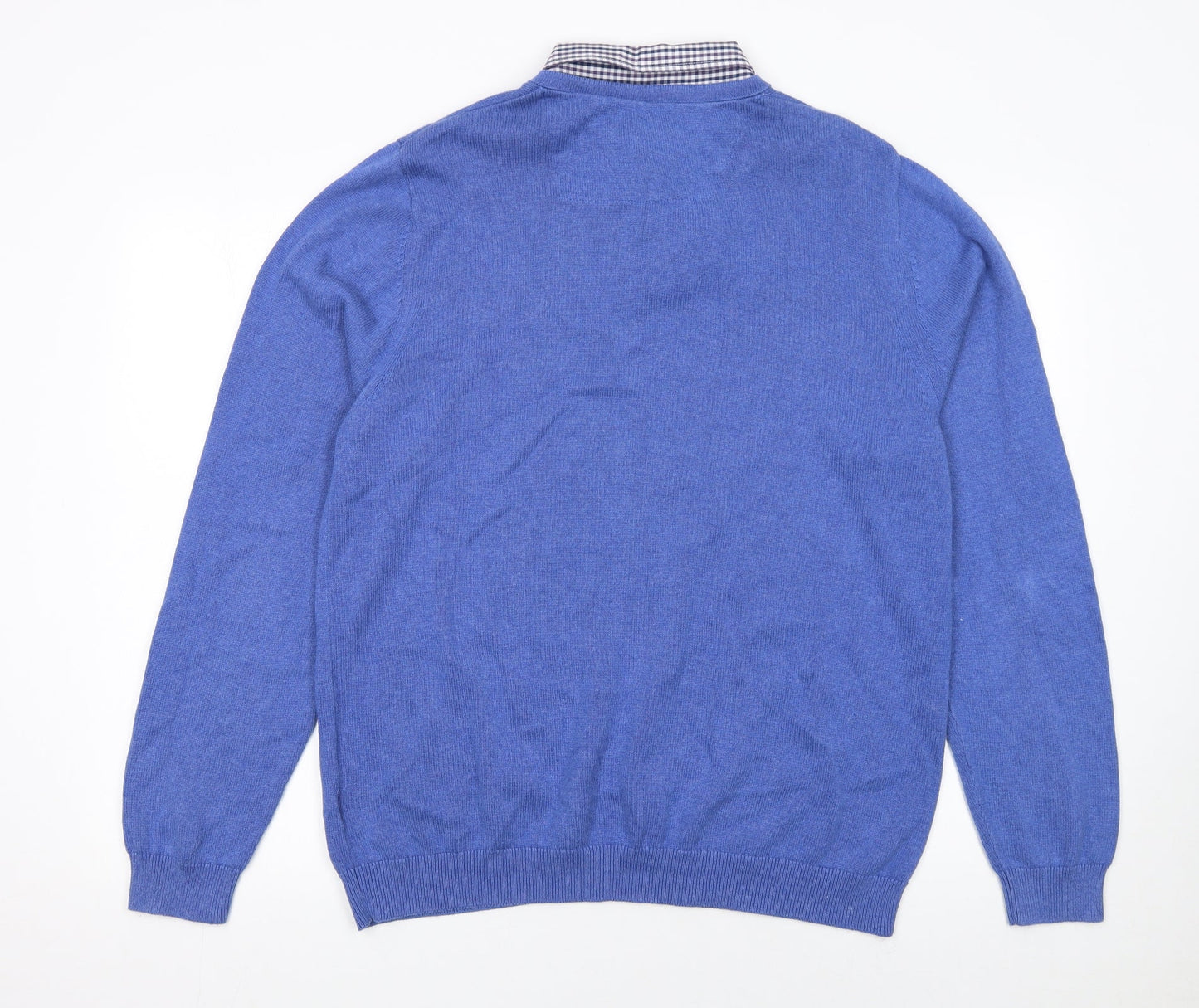 Marks and Spencer Men's Blue Cotton V-Neck Jumper XL