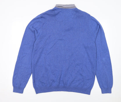 Marks and Spencer Men's Blue Cotton V-Neck Jumper XL