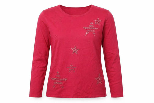 Mudflower Womens Red Star Beaded Long Sleeve Pullover Jumper M