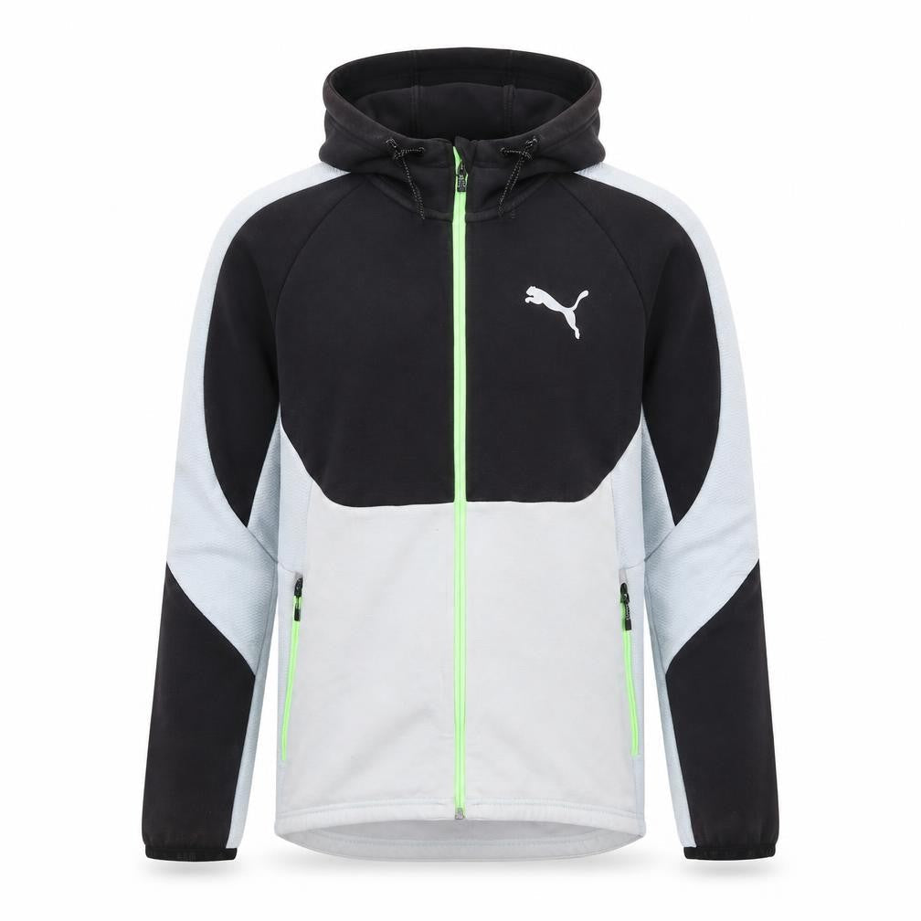 Front view of Puma Men's Grey & Black Full Zip Hooded Sports Hoodie, size S