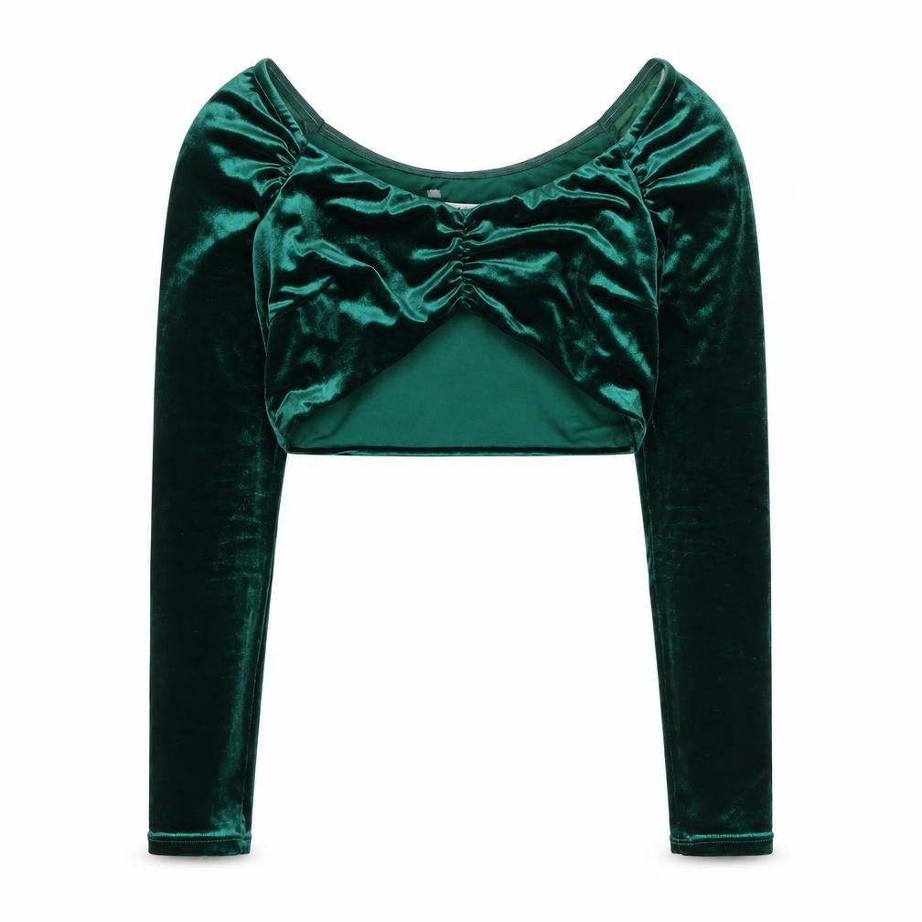 Oh Polly Women's Green Velvet Cropped Blouse Size 8 Long Sleeve