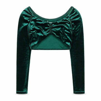 Oh Polly Women's Green Velvet Cropped Blouse Size 8 Long Sleeve