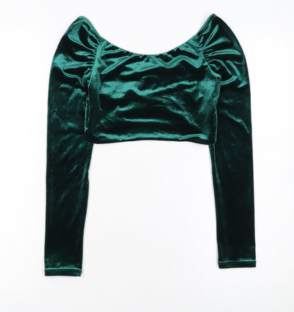 Oh Polly Women's Green Velvet Cropped Blouse Size 8 Long Sleeve