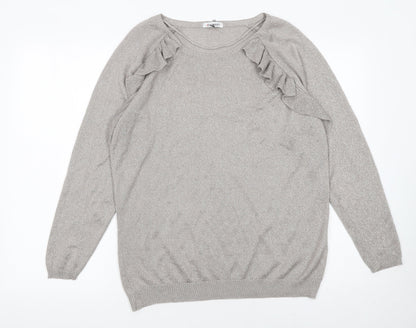 Damart Women Silver Long Sleeve Ruffle Knit Pullover Jumper L