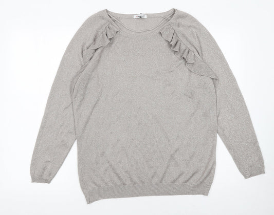 Damart Women Silver Long Sleeve Ruffle Knit Pullover Jumper L