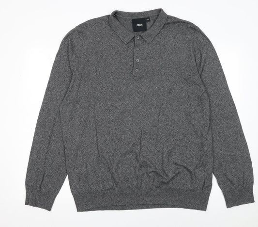 ASOS Men’s Grey Cotton Long Sleeve Polo Shirt 2XL Regular Fit