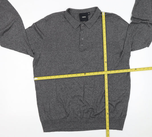 ASOS Men’s Grey Cotton Long Sleeve Polo Shirt 2XL Regular Fit