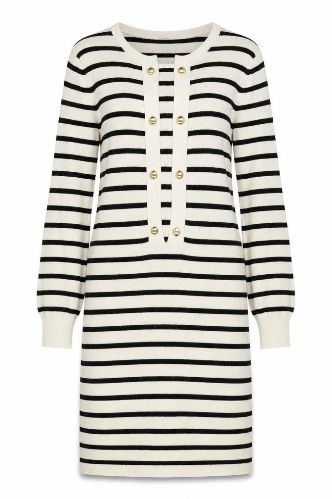 Reiss Women Black Cream Striped Long Sleeve Jumper Dress L