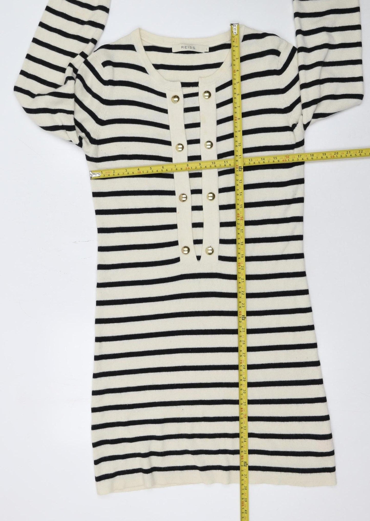 Reiss Women Black Cream Striped Long Sleeve Jumper Dress L