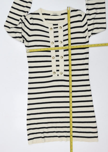 Reiss Women Black Cream Striped Long Sleeve Jumper Dress L