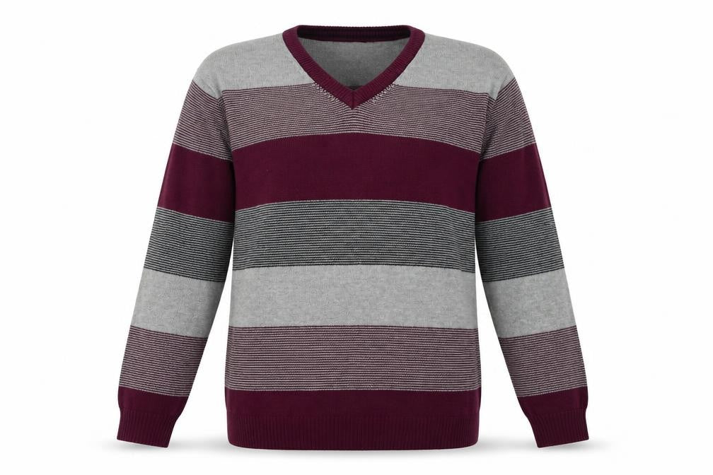 Front view of Maine New England Men’s XL Grey Stripe Cotton V-Neck Jumper
