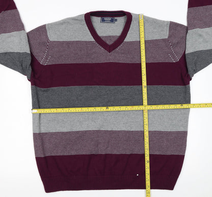 Maine New England Men’s XL Grey Stripe Cotton V-Neck Jumper