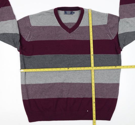 Maine New England Men’s XL Grey Stripe Cotton V-Neck Jumper