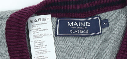 Maine New England Men’s XL Grey Stripe Cotton V-Neck Jumper