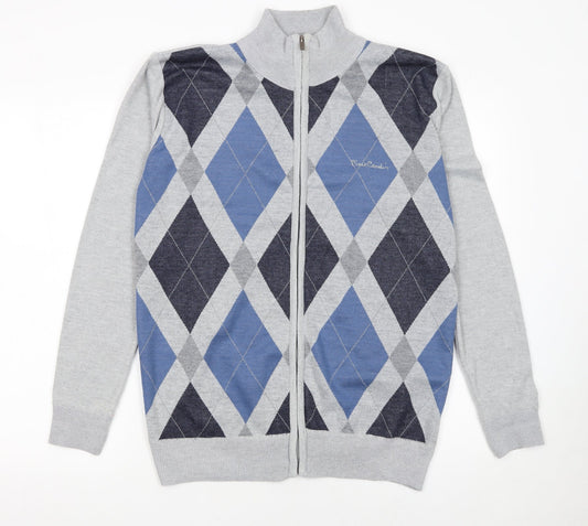 Pierre Cardin Men's Grey Argyle Full Zip Knit Jumper M