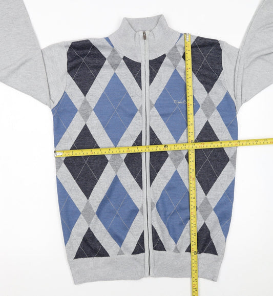 Pierre Cardin Men's Grey Argyle Full Zip Knit Jumper M