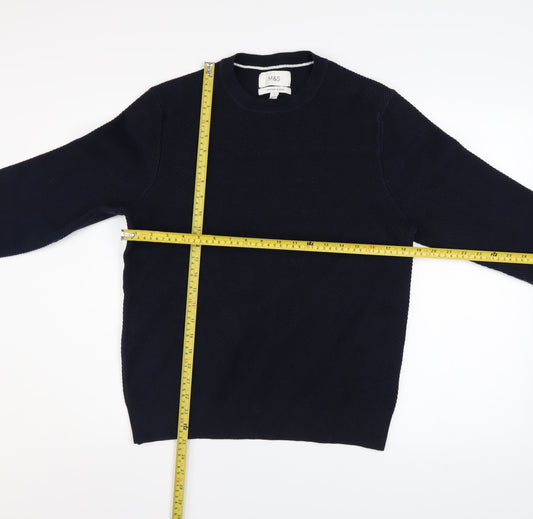 Marks and Spencer Men's Blue Cotton Blend Crew Neck Jumper Size S