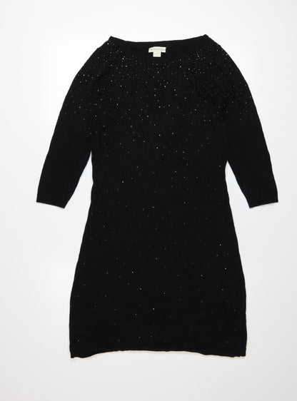 Monsoon Women Black Beaded Shift Dress Size 10 3/4 Sleeve