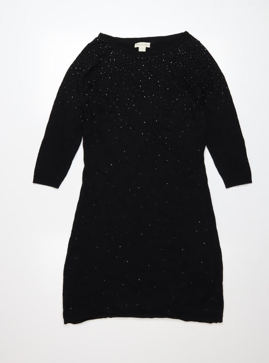 Monsoon Women Black Beaded Shift Dress Size 10 3/4 Sleeve